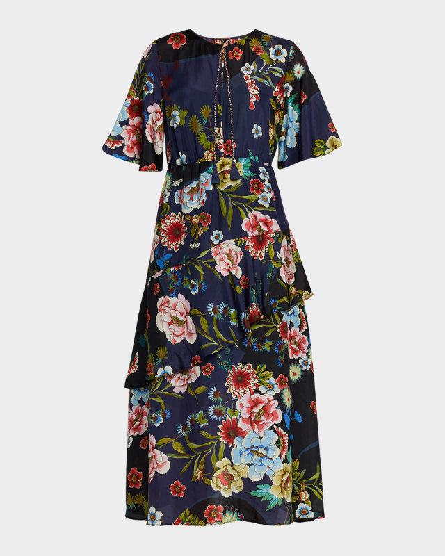 Florean Ruffle Floral-Print Silk Midi Dress